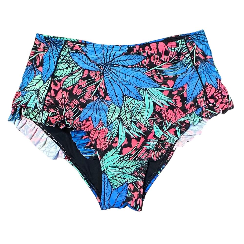 High-Waisted Ruffle Bikini Bottom Sz L Black Floral Swim